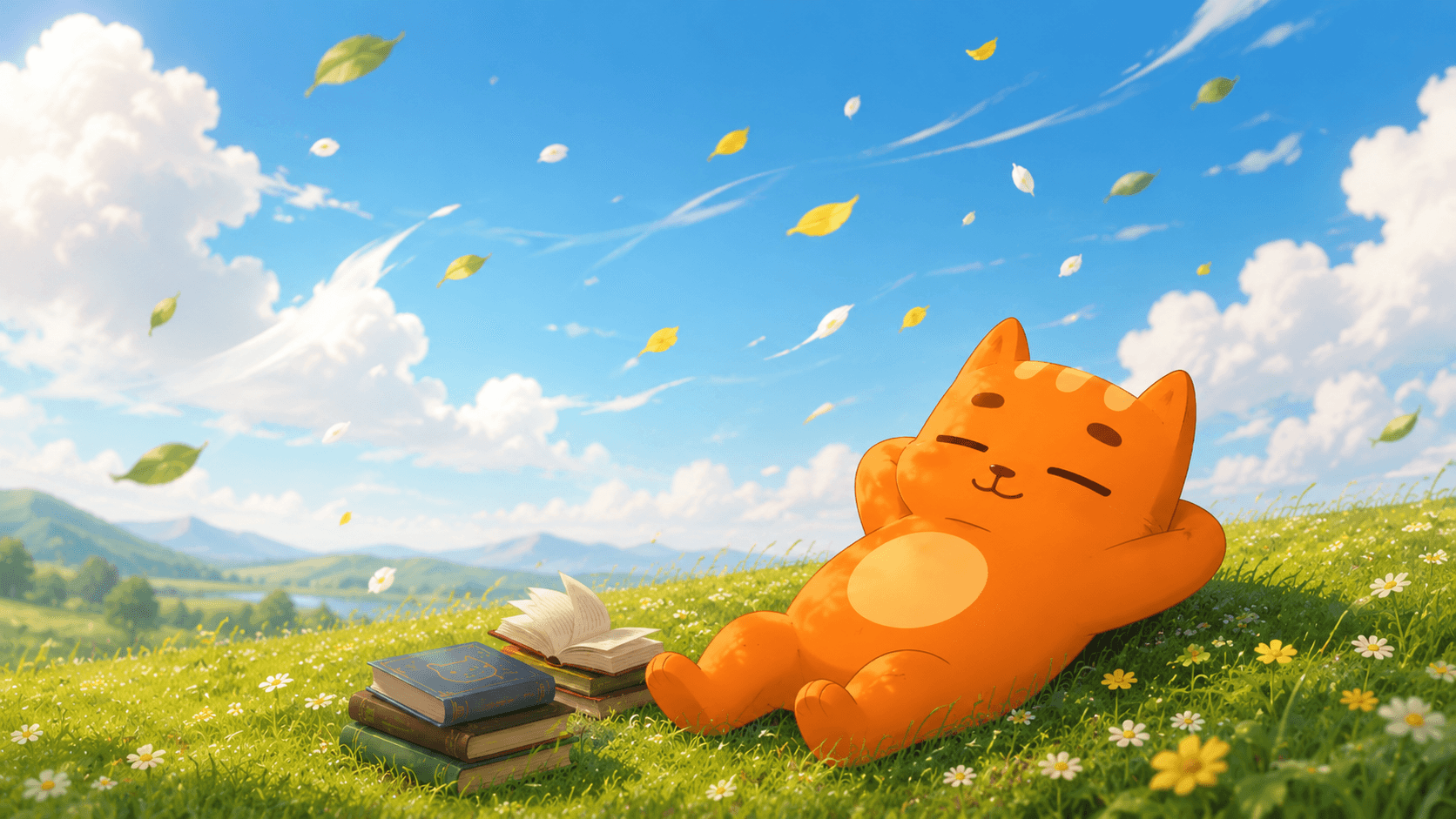 Oki the cat relaxing on a grassy hill